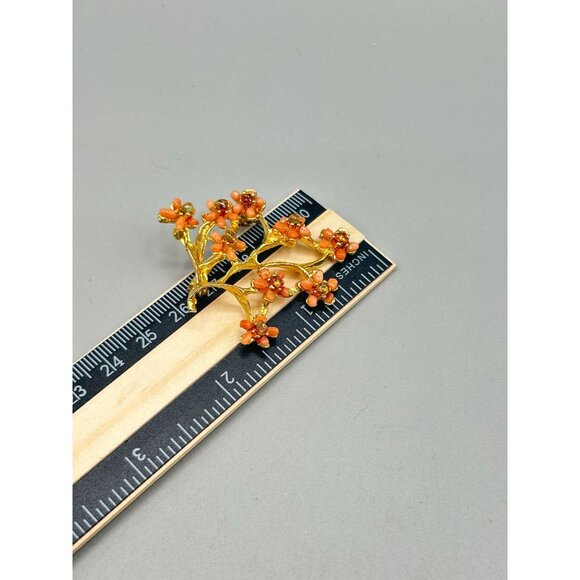 Vintage Gold Tone Floral Brooch with Coral & Citrine Gemstone Chips Twig Branch - Picture 7 of 7